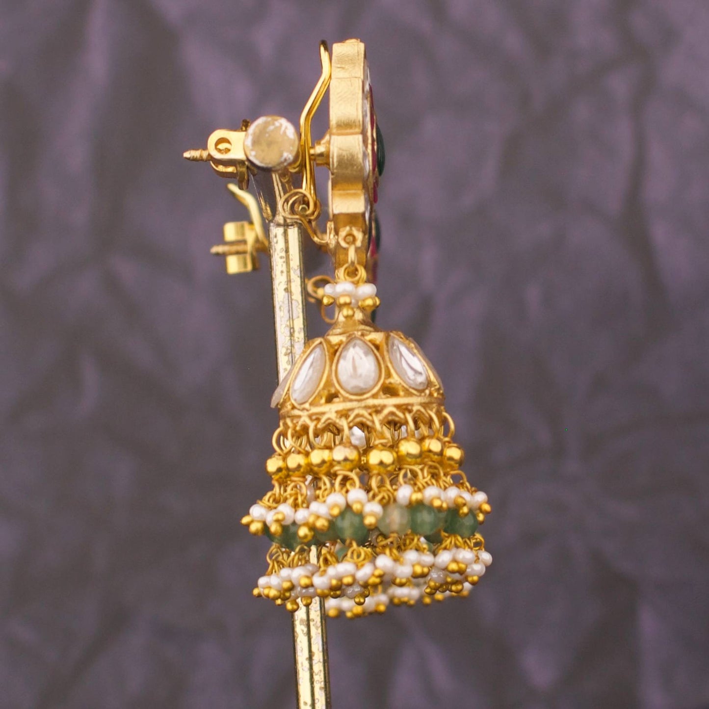 Luxury Floral Jadau Kundan Jhumkas With Multi Pearl Layers