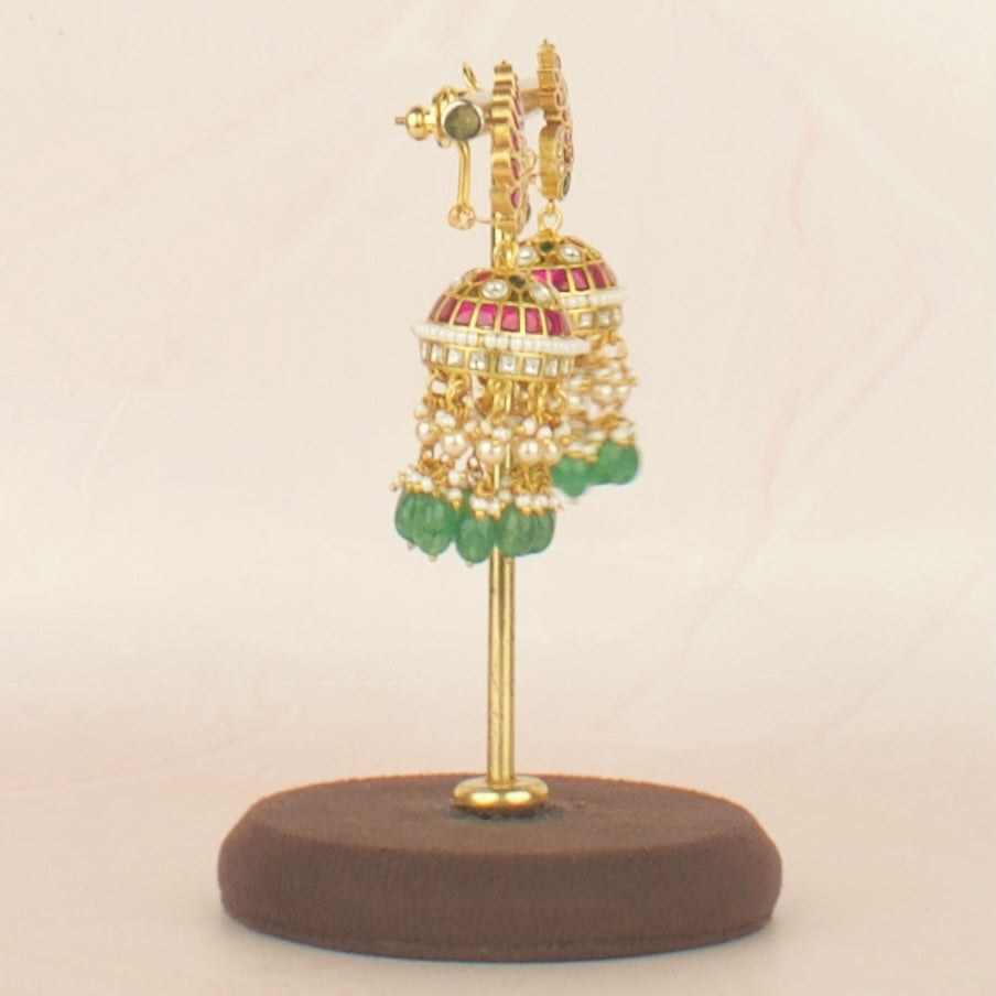 Bridal Gold Style Jadau Kundan Jhumki with Green Beads