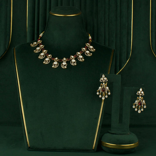 Dazzling Sleek Mango design Polki Victorian Necklace with Matching Earrings