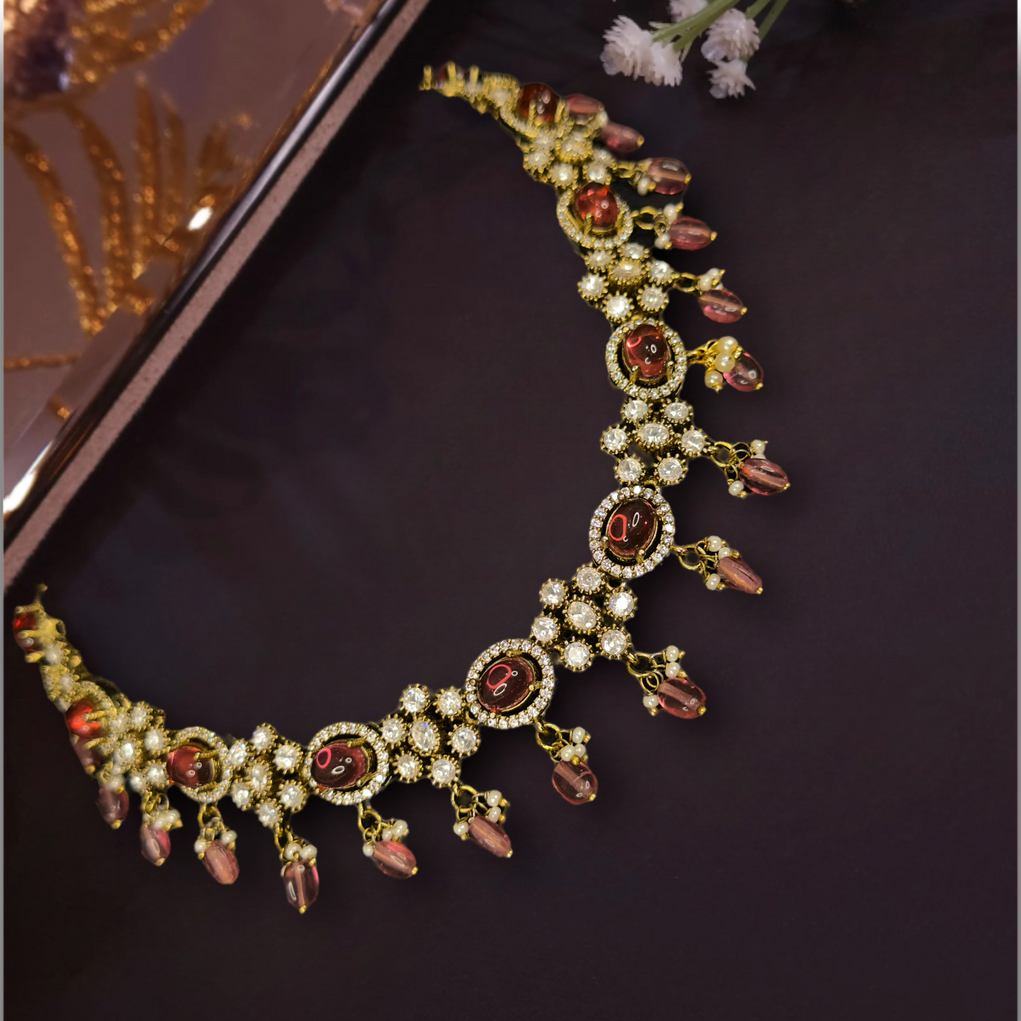 Beautiful Victorian Necklace Set with zircon,moissanite polki stones,pearls, and beads. This Victorian Jewellery is available in Red & Green colour variants.