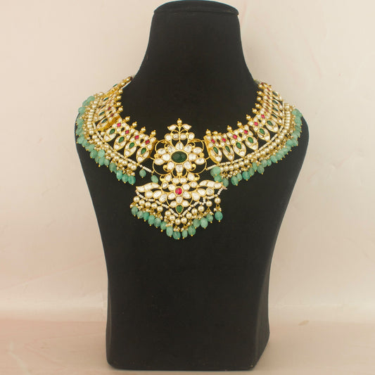 Grand floral Design Moissanite Polki Necklace with Green Beads