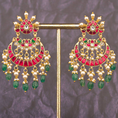 Regal Jadau Kundan Chandbali Earrings With Emerald Hangings