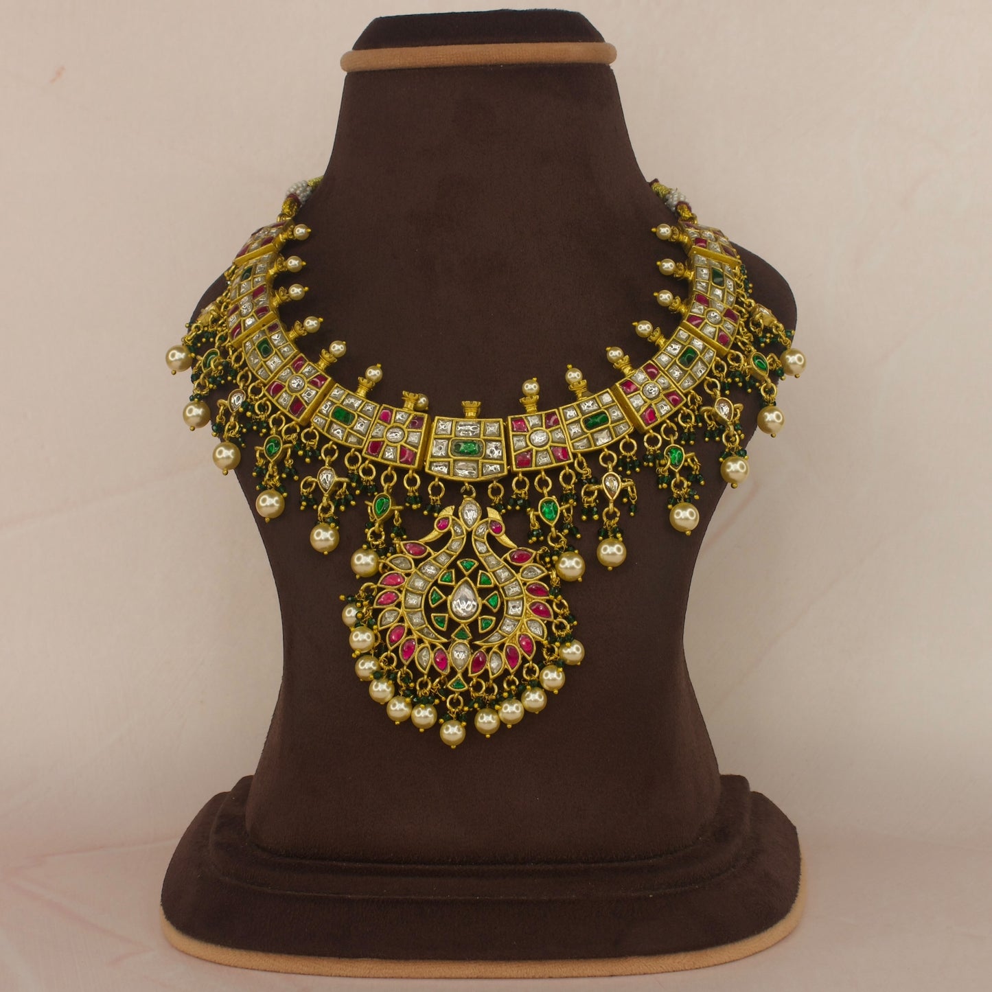 Opulent Jadau Kundan Necklace with Pearl and Green Accents - DULHAN JEWELS