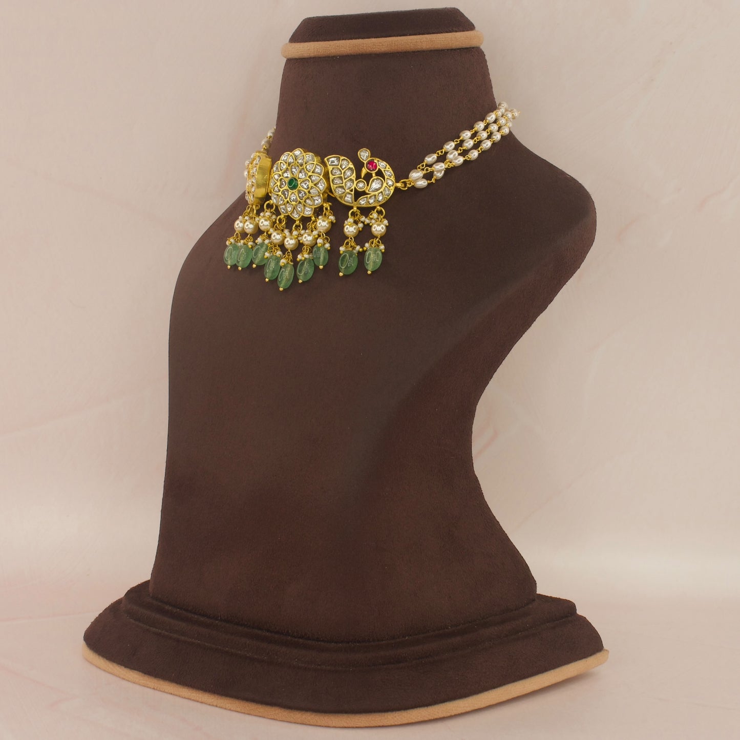 Gold Plated Kundan Choker with Rice Pearls and Peacock Moti