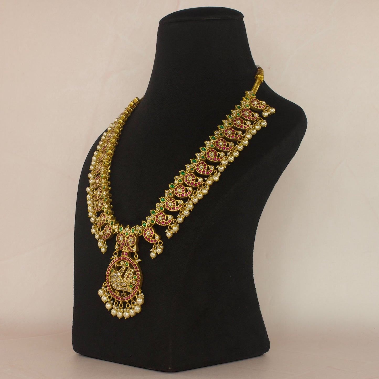 Statement Jadau Kundan Mango Necklace with pearls - DULHAN JEWELS