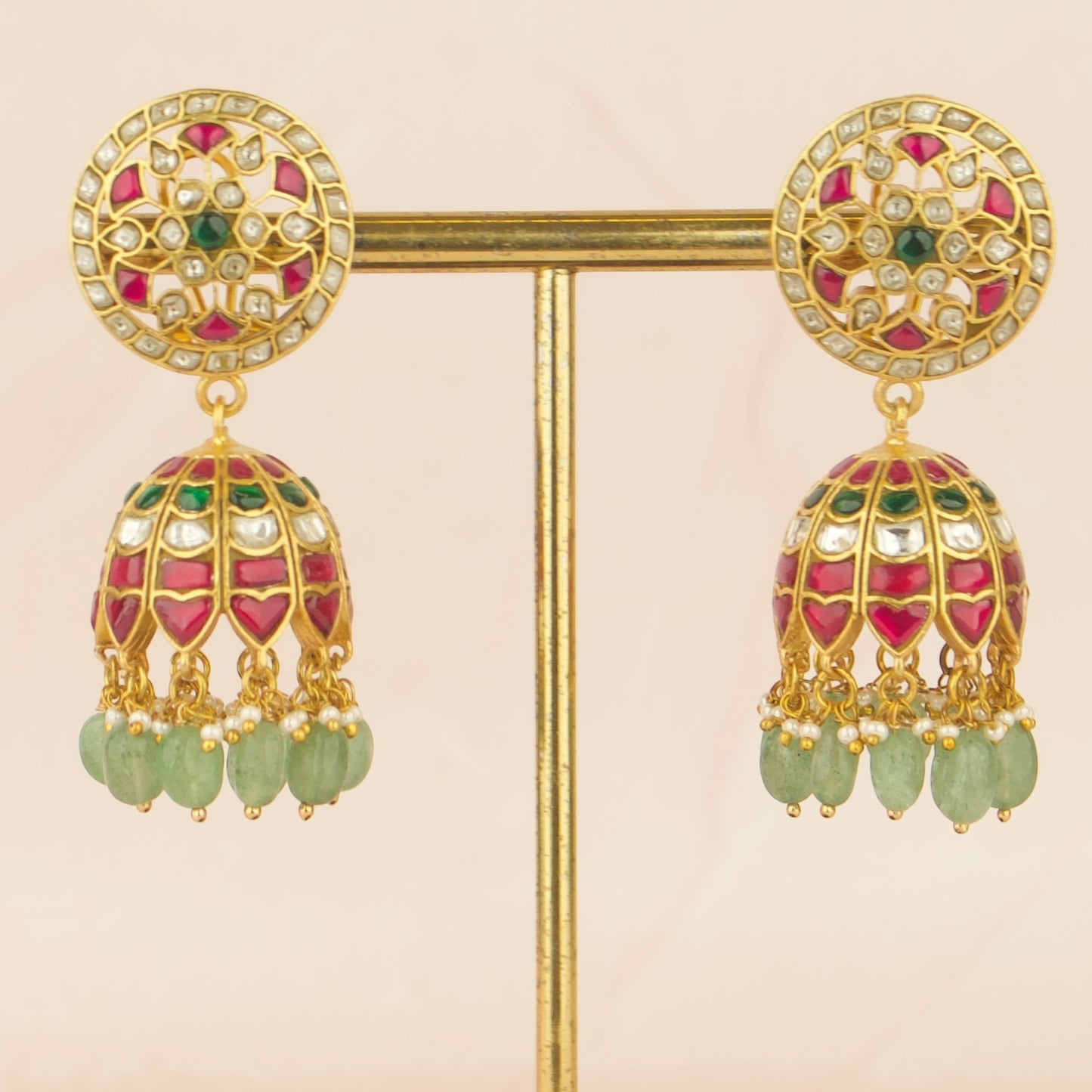 Regal Grandeur Ruby & Emerald Jadau Kundan Jhumka earrings