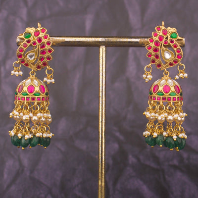 Designer Jadau Kundan Jhumka Earrings With Green Drops