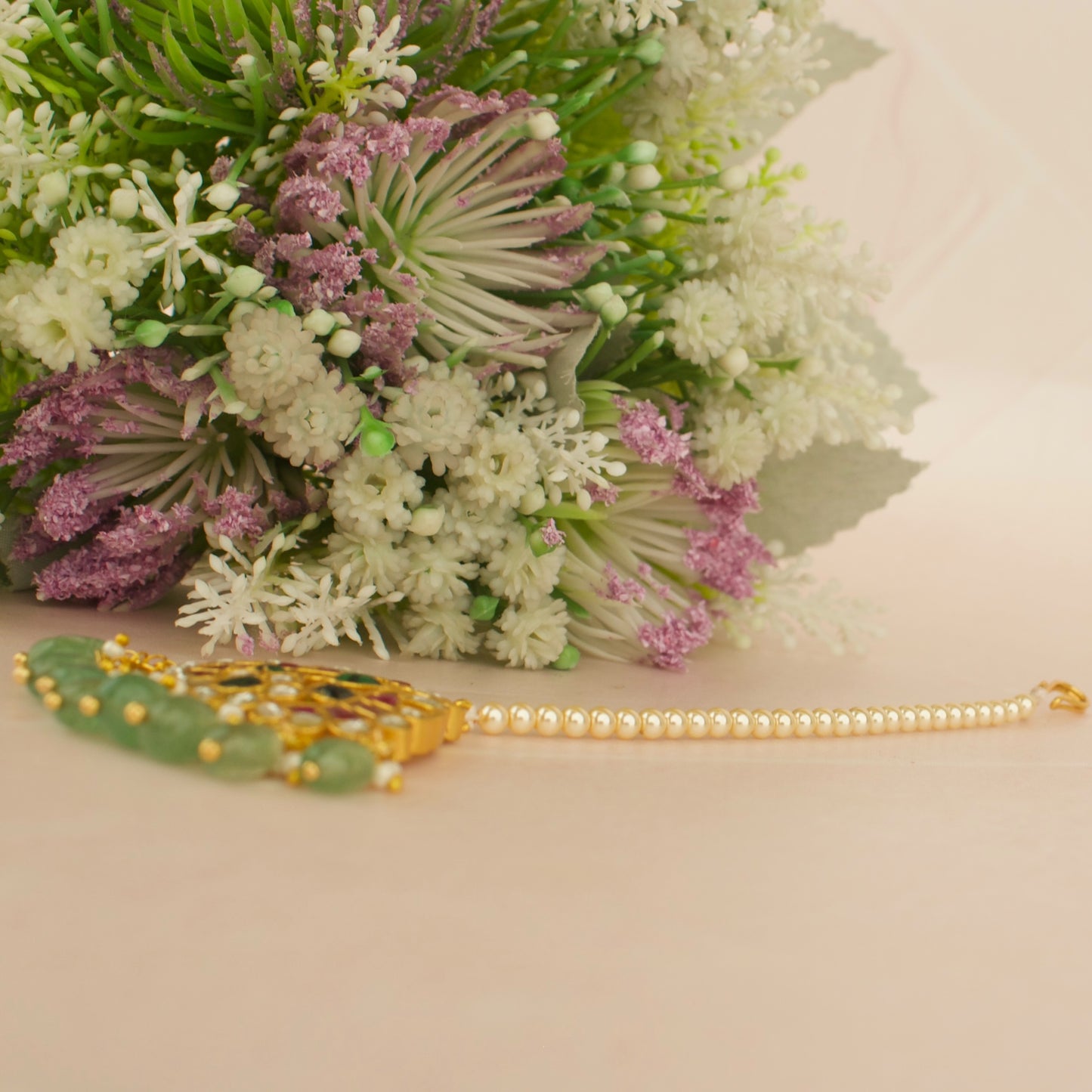 Floral Peacock Design Jadau Kundan Long Maang Tikka with Swarovski chain