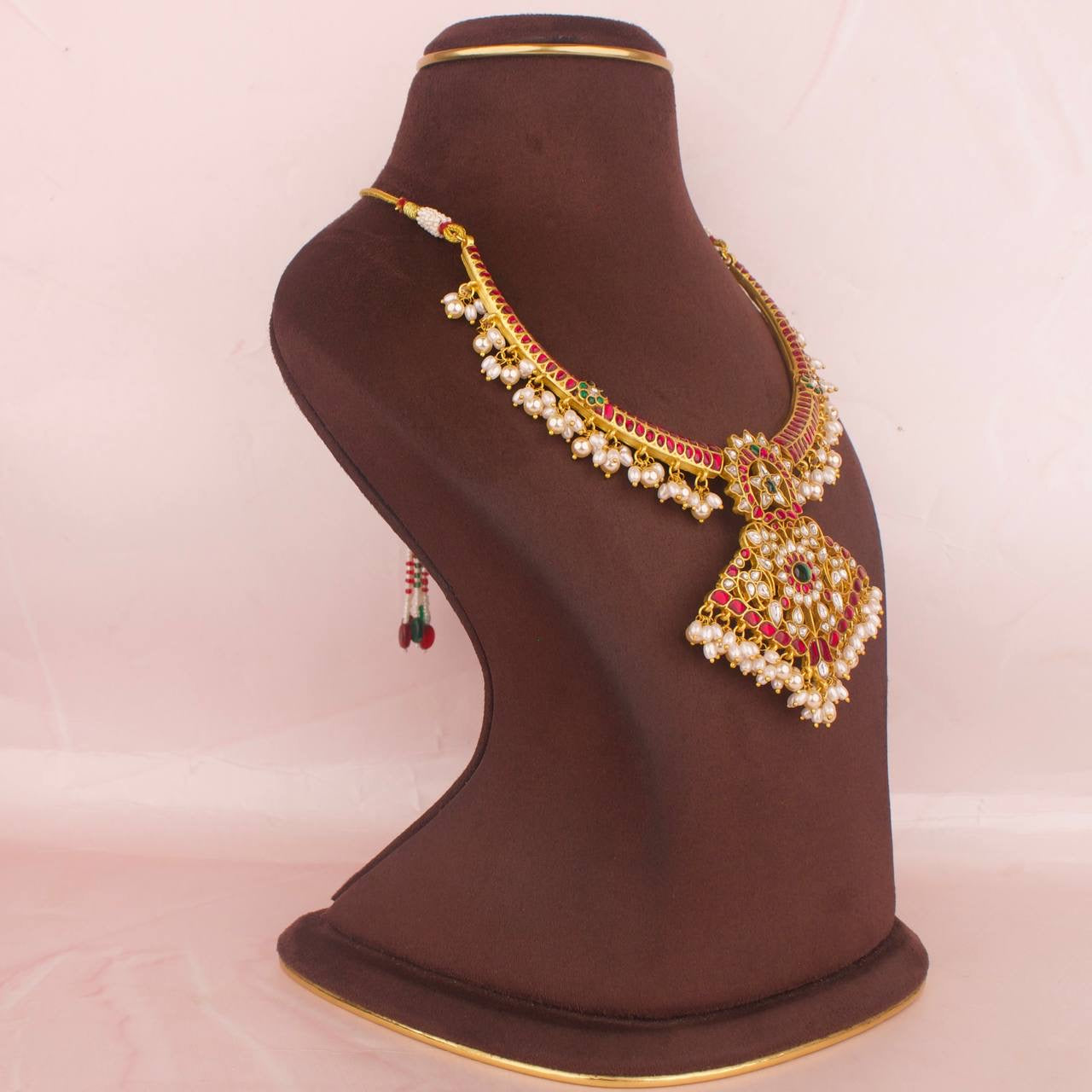 Gold Style Jadau Kundan Kanti Style Necklace With Guttapusalu Hanging
