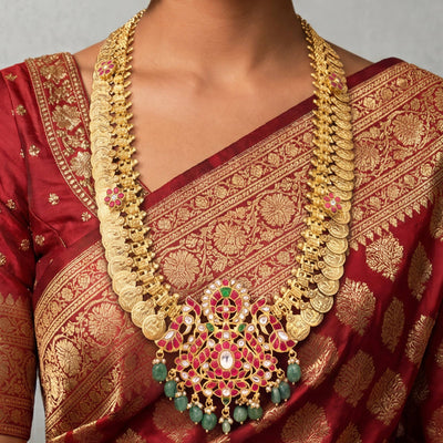 Lavish Bridal Coin Necklace With Jadau Kundan Pendant Centerpiece