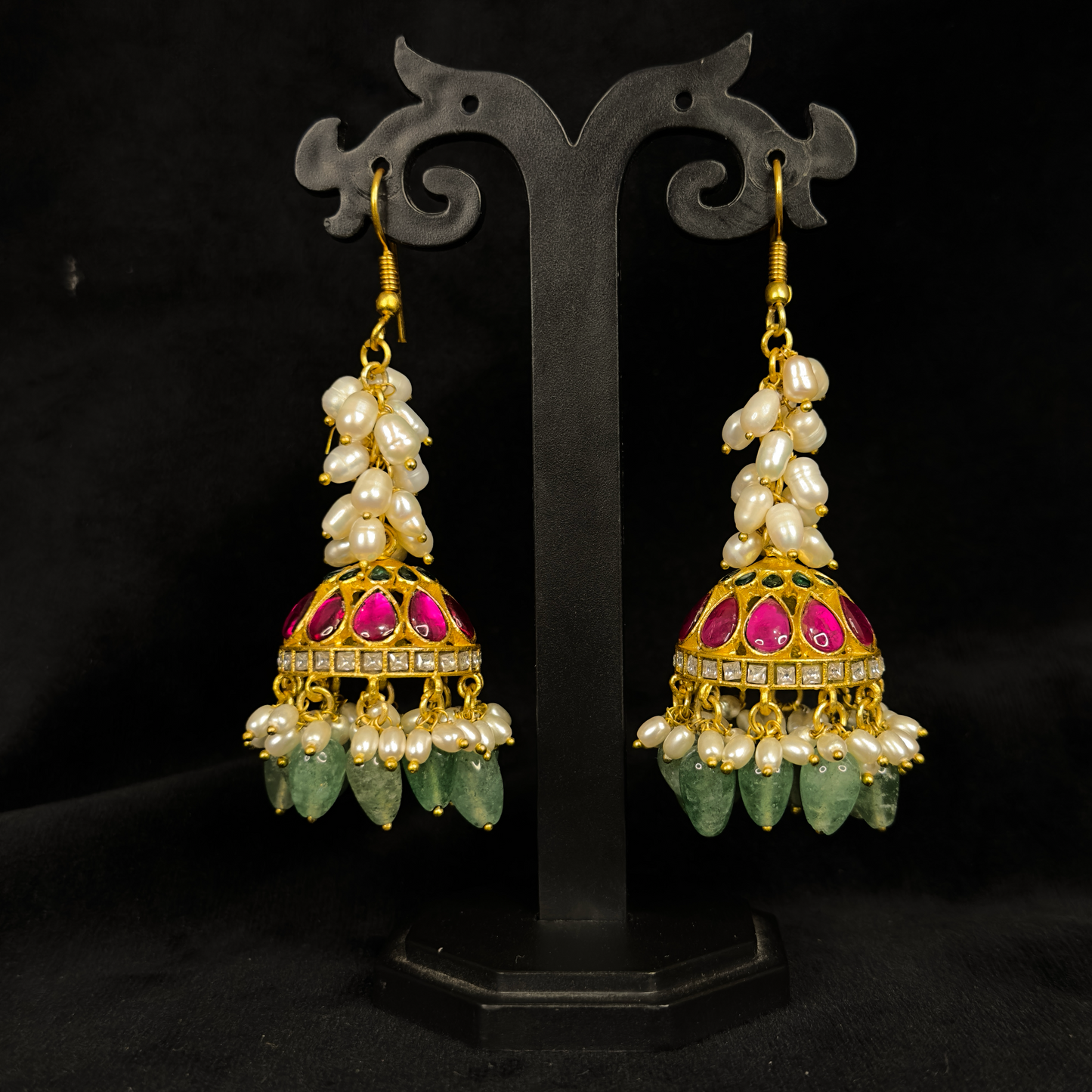 Alluring Hook Jadau Kundan Jhumkas with rice pearls and Beads - DULHAN JEWELS