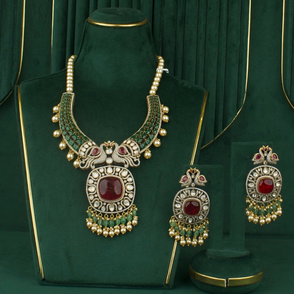 Grand Fusion Kundan & Polki Victorian Mehandi Necklace With Matching Earrings