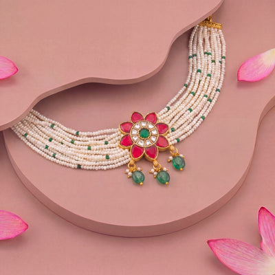 Floral Design Jadau Kundan Pearl Choker With Green Beads