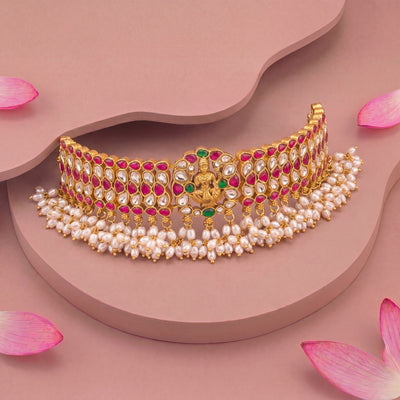 Temple Style Lakshmi Devi Jadau Kundan Choker With Rice Pearls