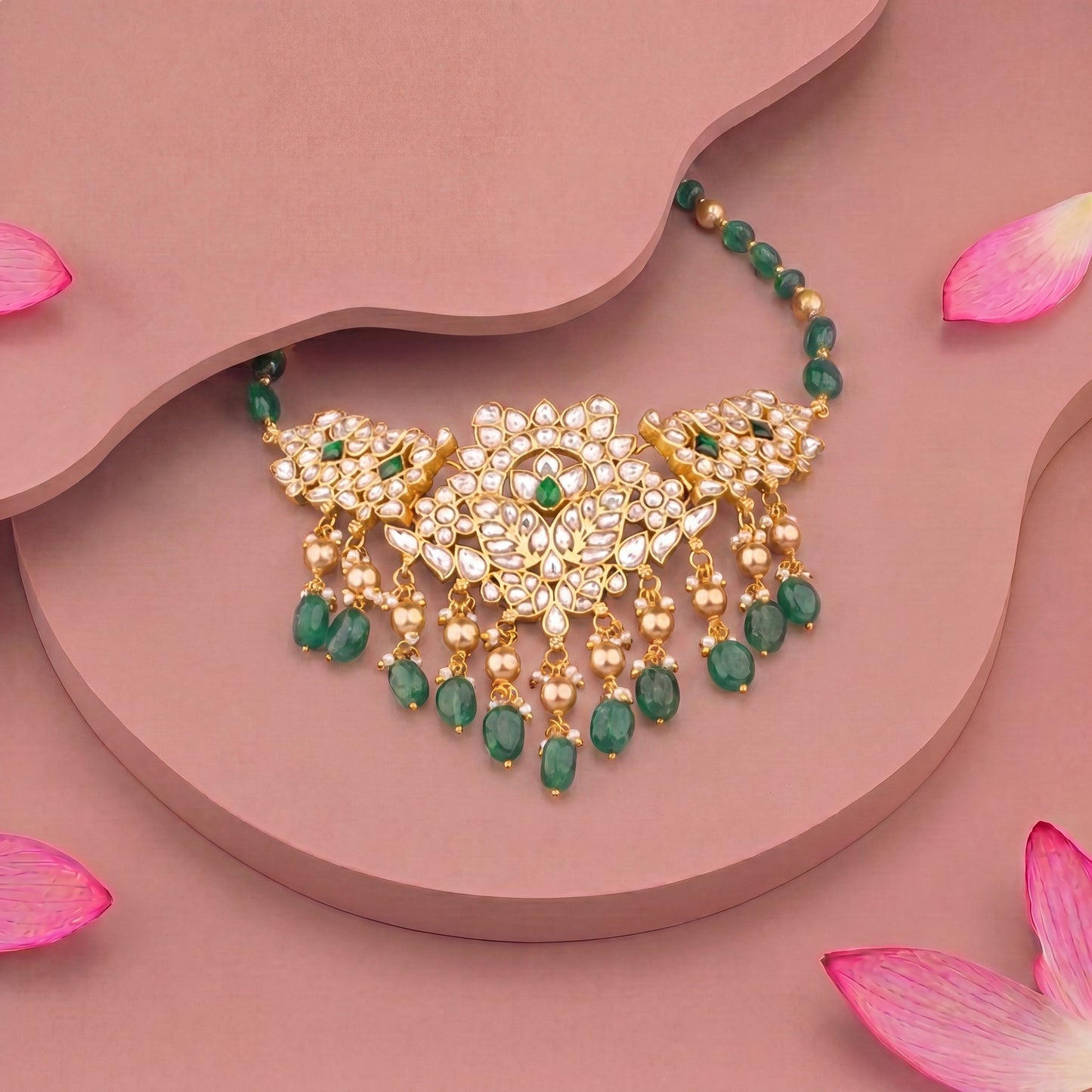 Antique Finish Kundan Choker Necklace With Green Drops