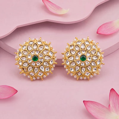 Stylish Jadau Kundan Stud Earrings With Pearl Bordering
