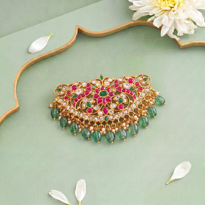 Lavish Jadau Kundan Pendant With Emerald Beads