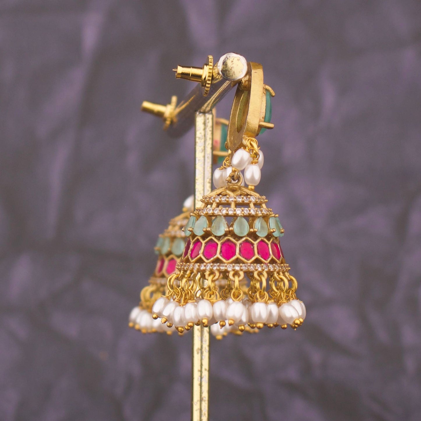 Mint Green And Pink Jadau Kundan Jhumka Earrings With Pearls