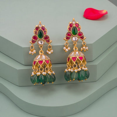 Classic Jadau Kundan Jhumka Earrings With Green Drops