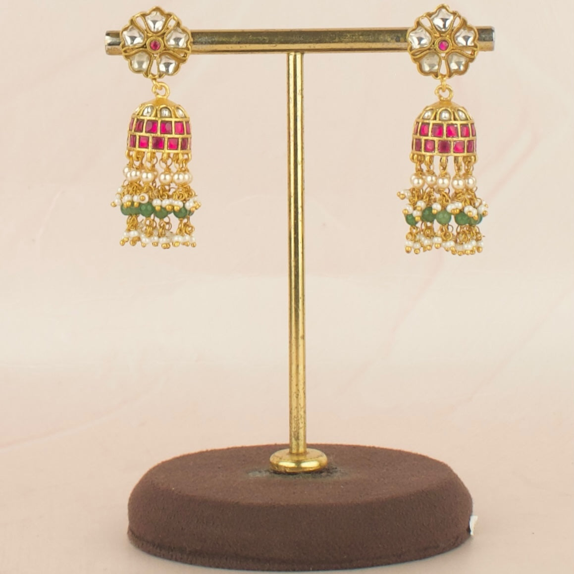 Gold Style Floral Design Studded Jadau Kundan Jhumki with Beads Hanging