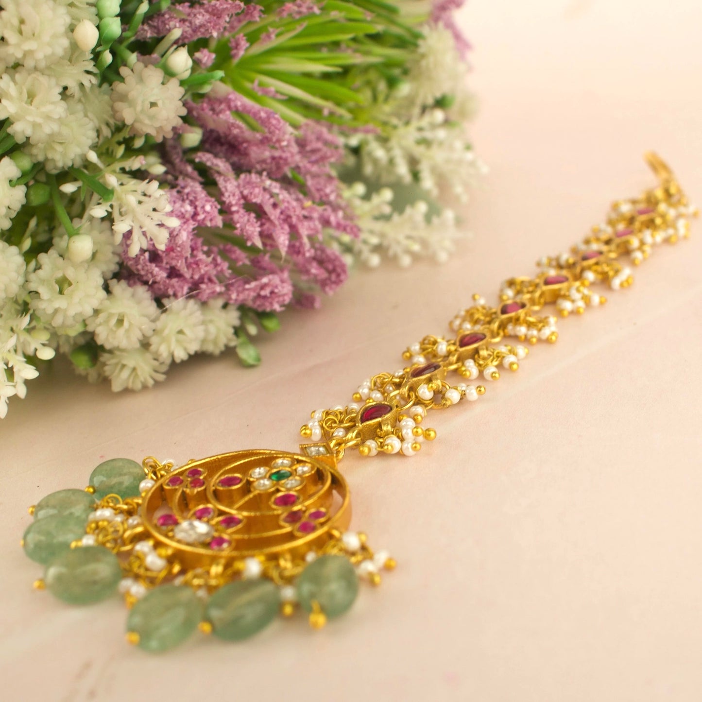 Gold Style Floral Design Jadau Kundan Long Maang Tikka