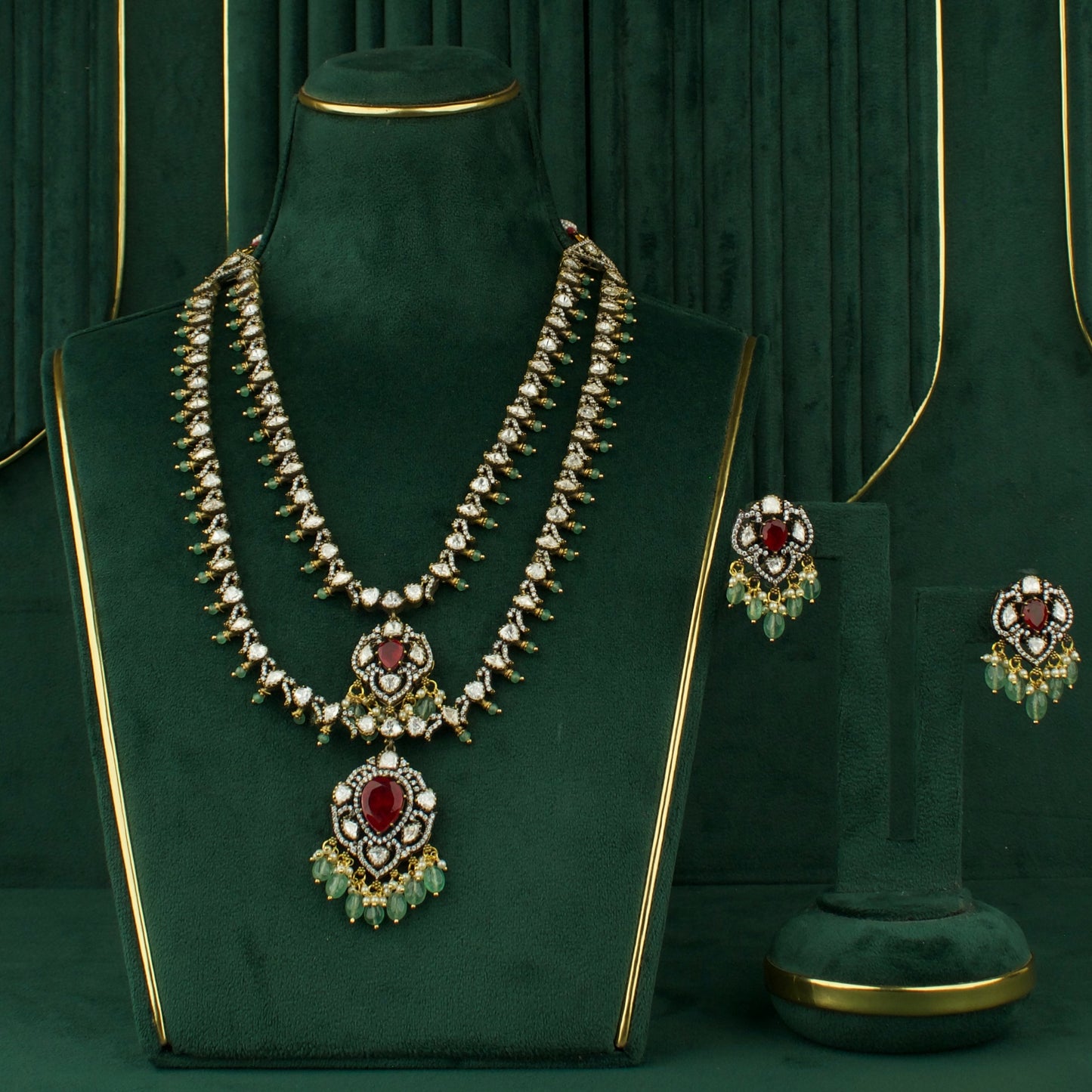 Sleek Design Fusion Kundan & Polki Victorian Double Layer Haram With Matching Earrings