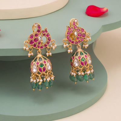 Unique Jadau Kundan Jhumki Earrings With Green Beads - Premium Indian Ethnic Jewelry | Dulhan Jewels