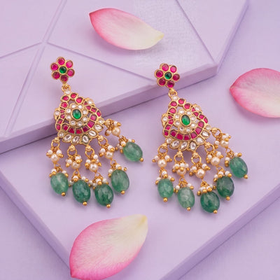 Elegant Jadau Kundan Chandbali Earrings With Emerald Beads - Premium Indian Ethnic Jewelry | Dulhan Jewels