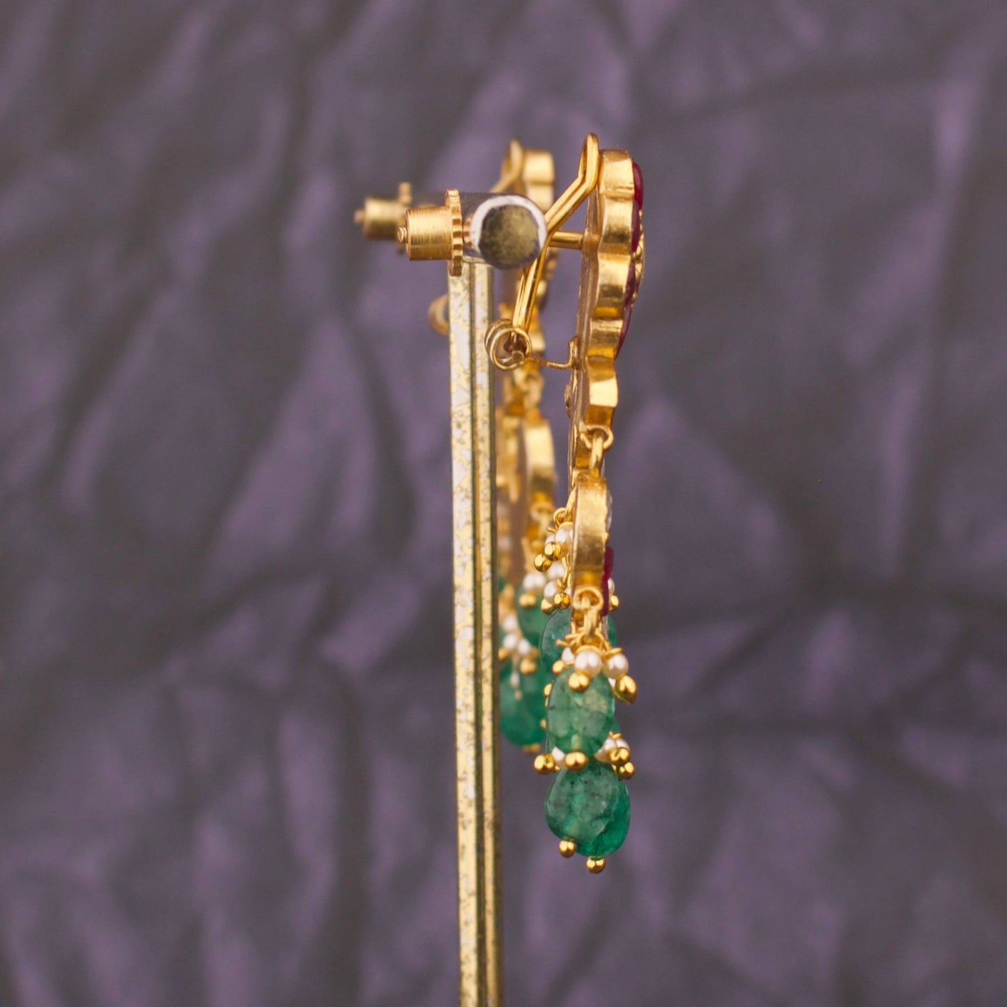 Peacock Design Jadau Kundan Chandbali Earrings With Studded Floral Top And Emerald Green Beads