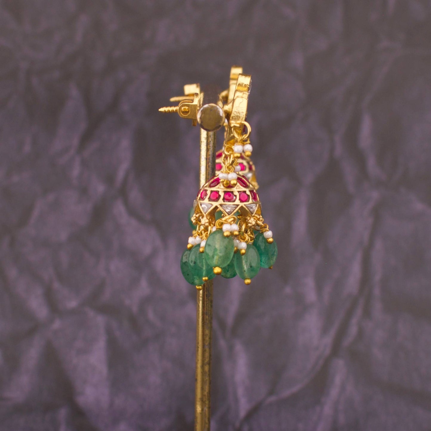 Floral And Chand Design Jadau Kundan Jhumka With Emerald Beads