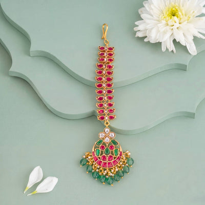 Ethnic Jadau Kundan Maang Tikka With Green Drops