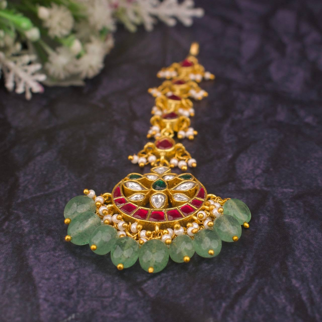 Bridal Jadau Kundan Full Chain Maangtika With Green Beads