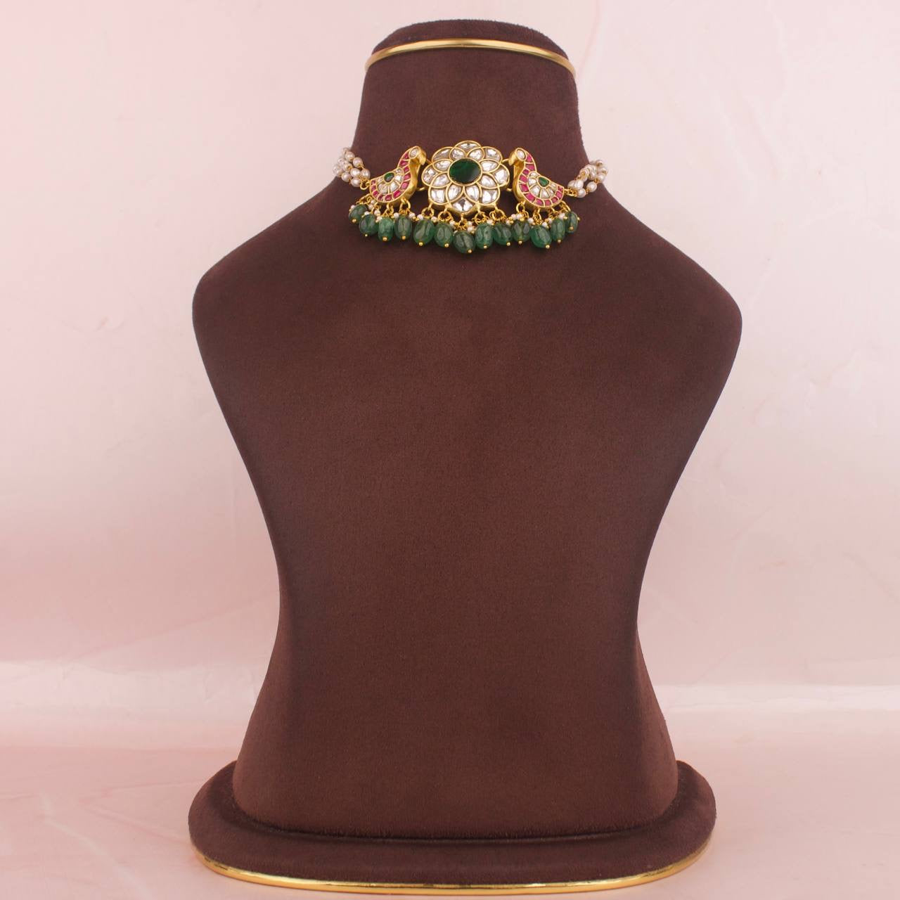 Floral Peacock Design Jadau Kundan Choker With Pearl Chain
