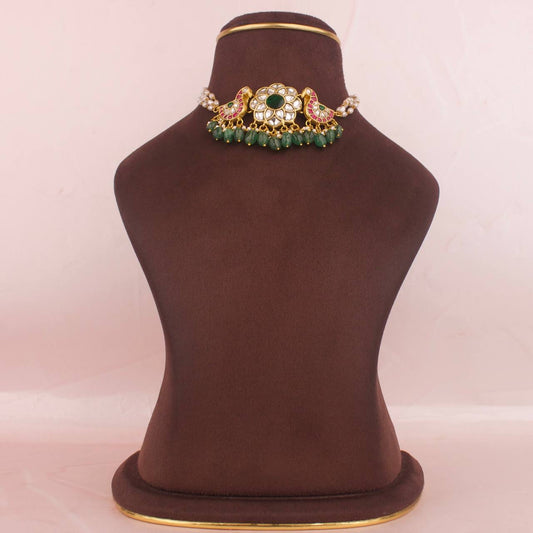 Floral Peacock Design Jadau Kundan Choker With Pearl Chain