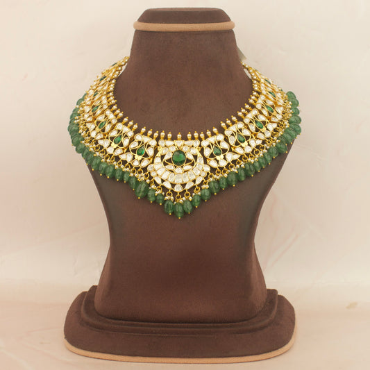 Gold finishing Latest Moissanite Polki Necklace With Green Beads As Hangings