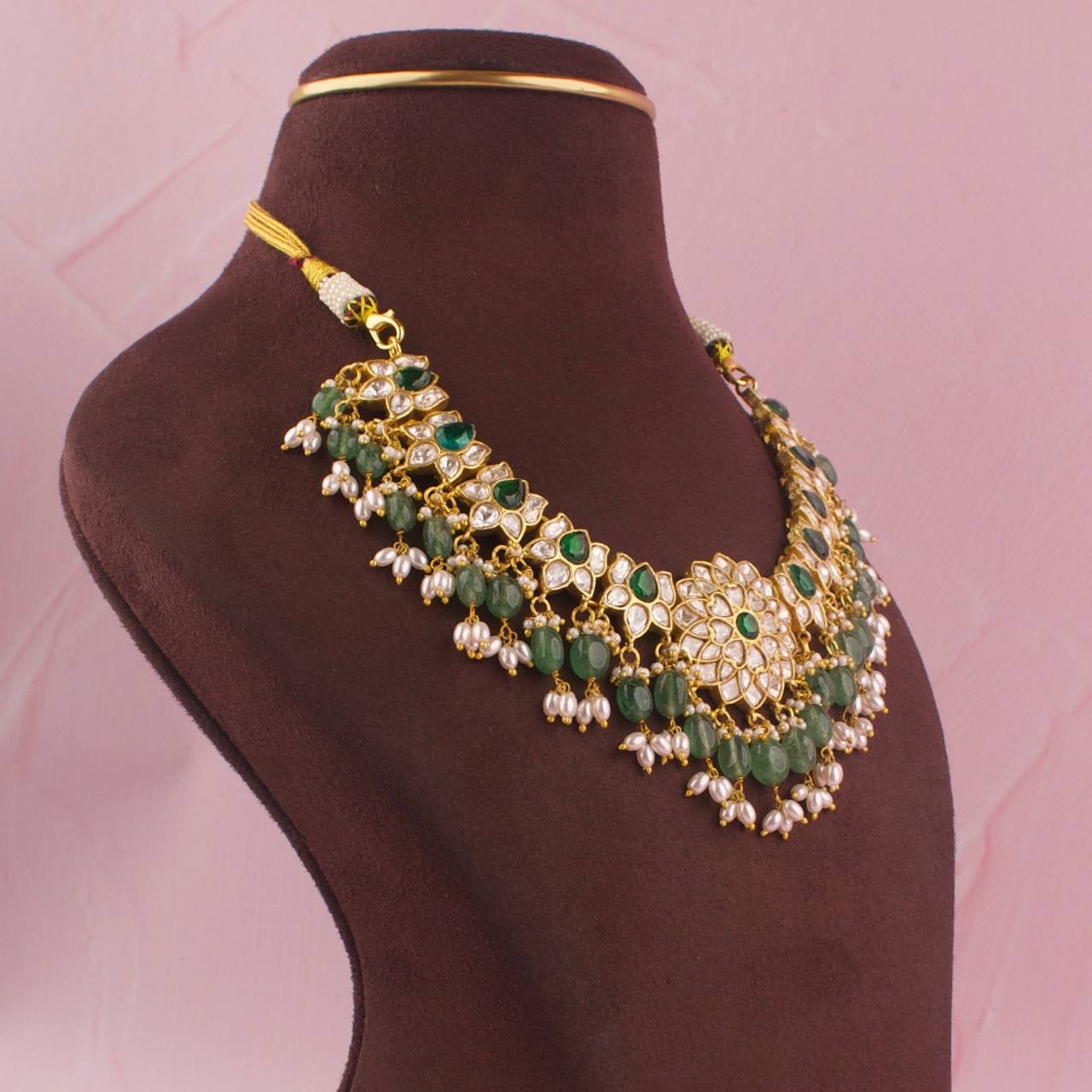 Lotus Design Moissanite Polki Necklace With Guttapusalu Hangings