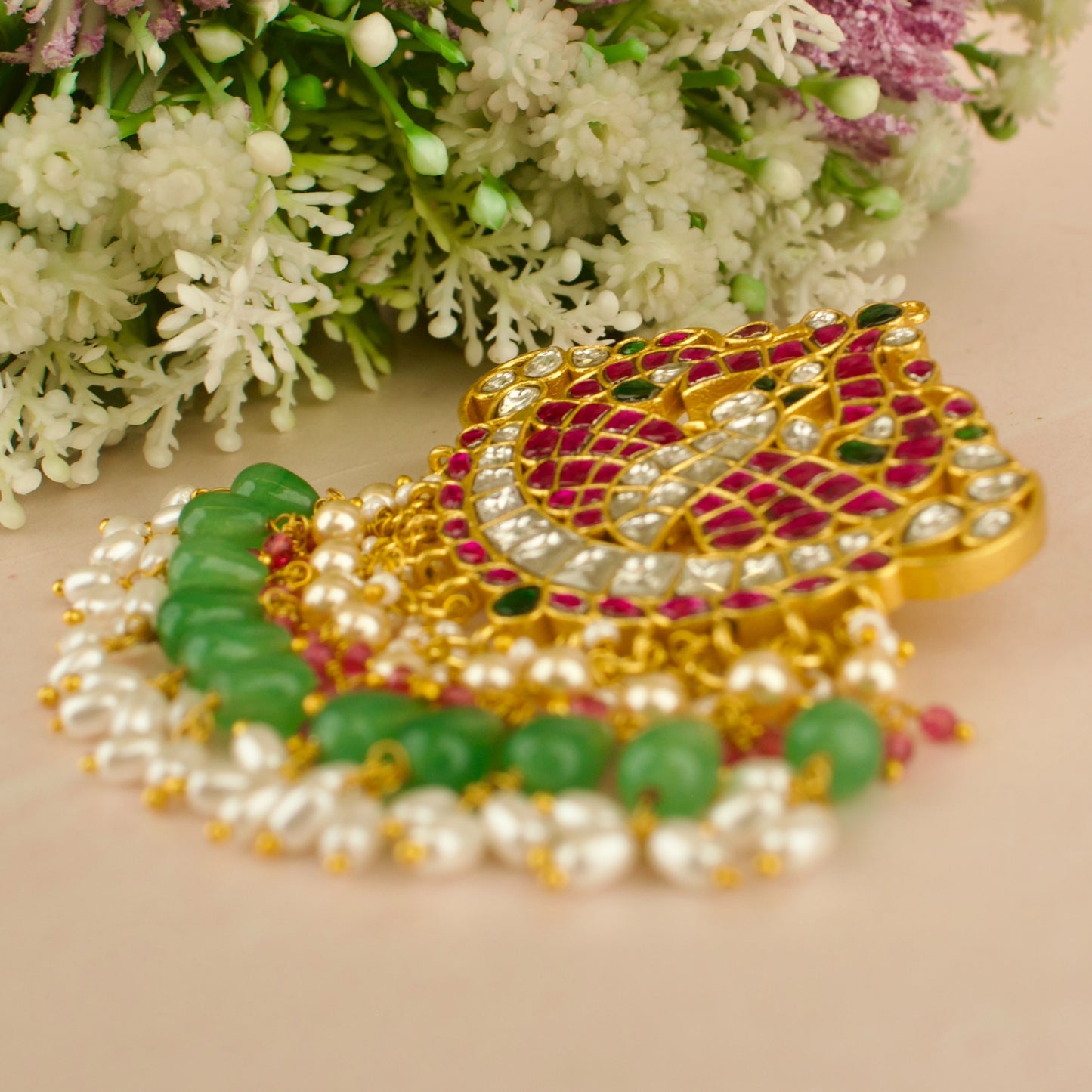 Captivating Peacock Design Jadau Kundan Locket with Beads Hanging