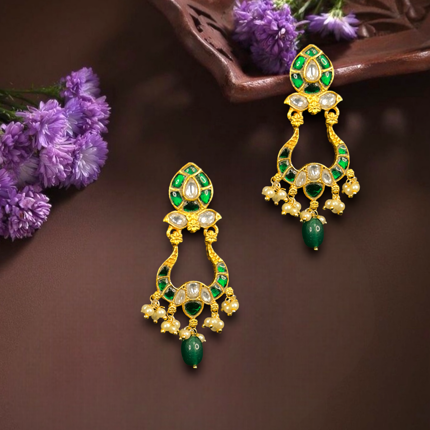 Exquisite Emerald Mango Jadau Kundan Chandbalis - DULHAN JEWELS