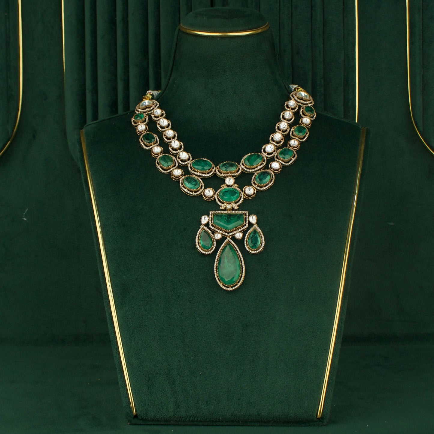 Dazzling Polki Mehandi Victorian double Layer Necklace with Matching Earrings