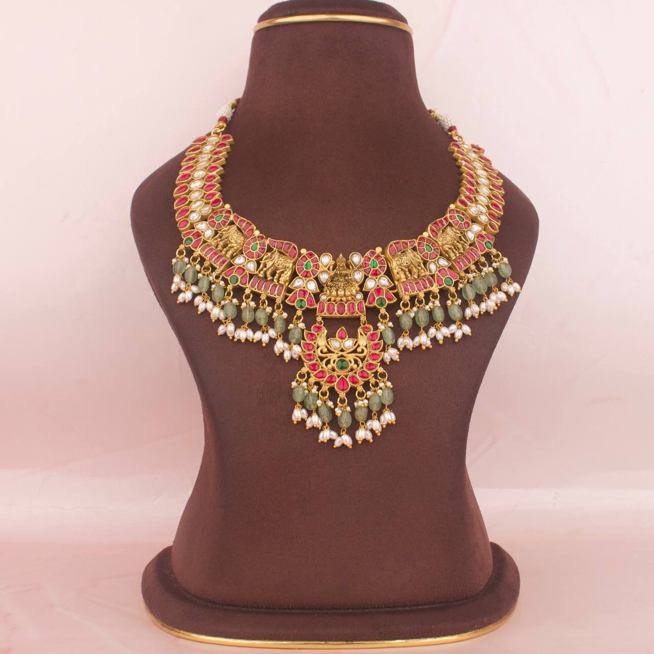 Divine Laxmi Devi x Nakhsi Necklace With Green Beads Hangings