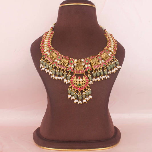 Divine Laxmi Devi x Nakhsi Necklace With Green Beads Hangings