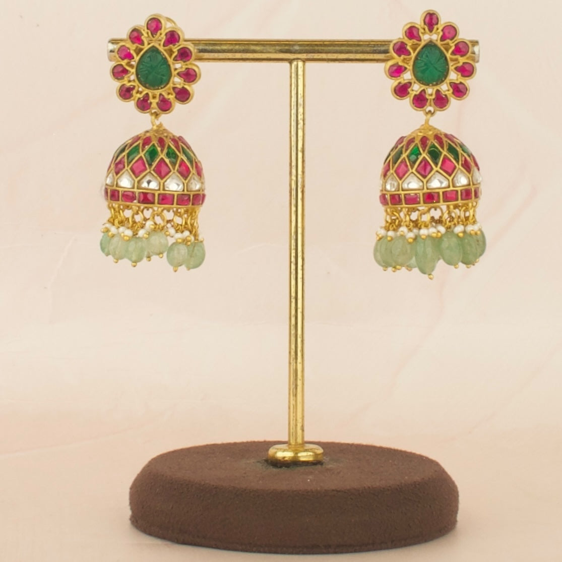 Impressive Design Jadau Kundan Jhumki with Green Beads