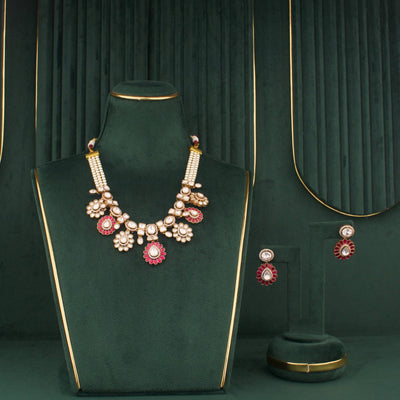 Victorian Polki Necklace Set With Floral Motifs And Matching Earrings - Handcrafted Indian Bridal Jewelry by Dulhan Jewels