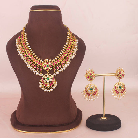 Reversible 2 in 1 Jadau Kundan Necklace Set With Matching Earrings