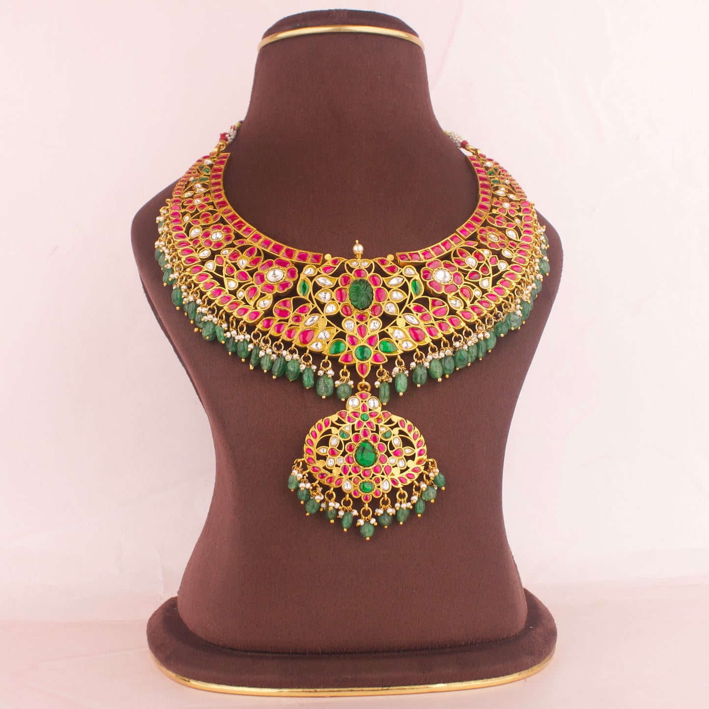 Bridal JAdau Kundan Necklace WIth Strawberry Beads As Hangings - DULHAN JEWELS