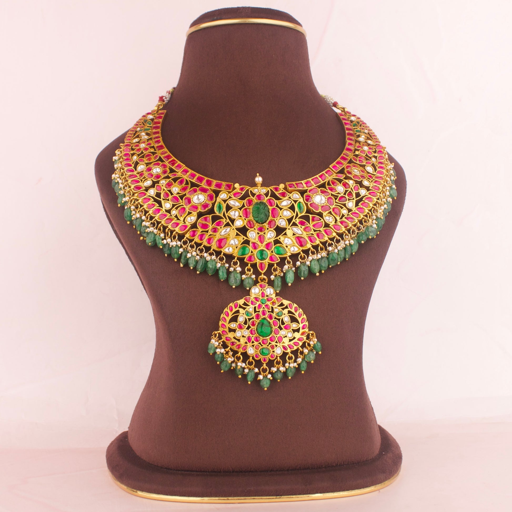 Bridal JAdau Kundan Necklace WIth Strawberry Beads As Hangings - DULHAN JEWELS
