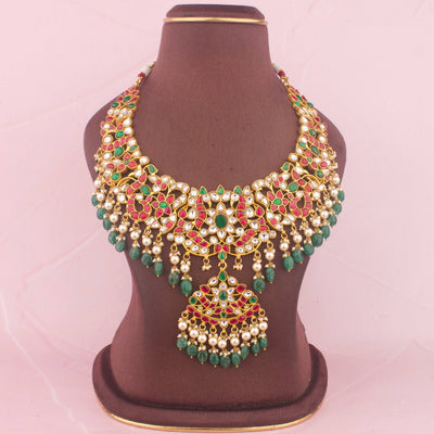 Traditional Jadau Kundan Necklace With Green Bead Hangings