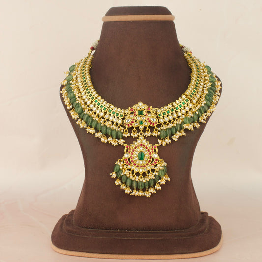 Beauteous Peacock Design Jadau Kundan Necklace With Guttapusalu Hangings