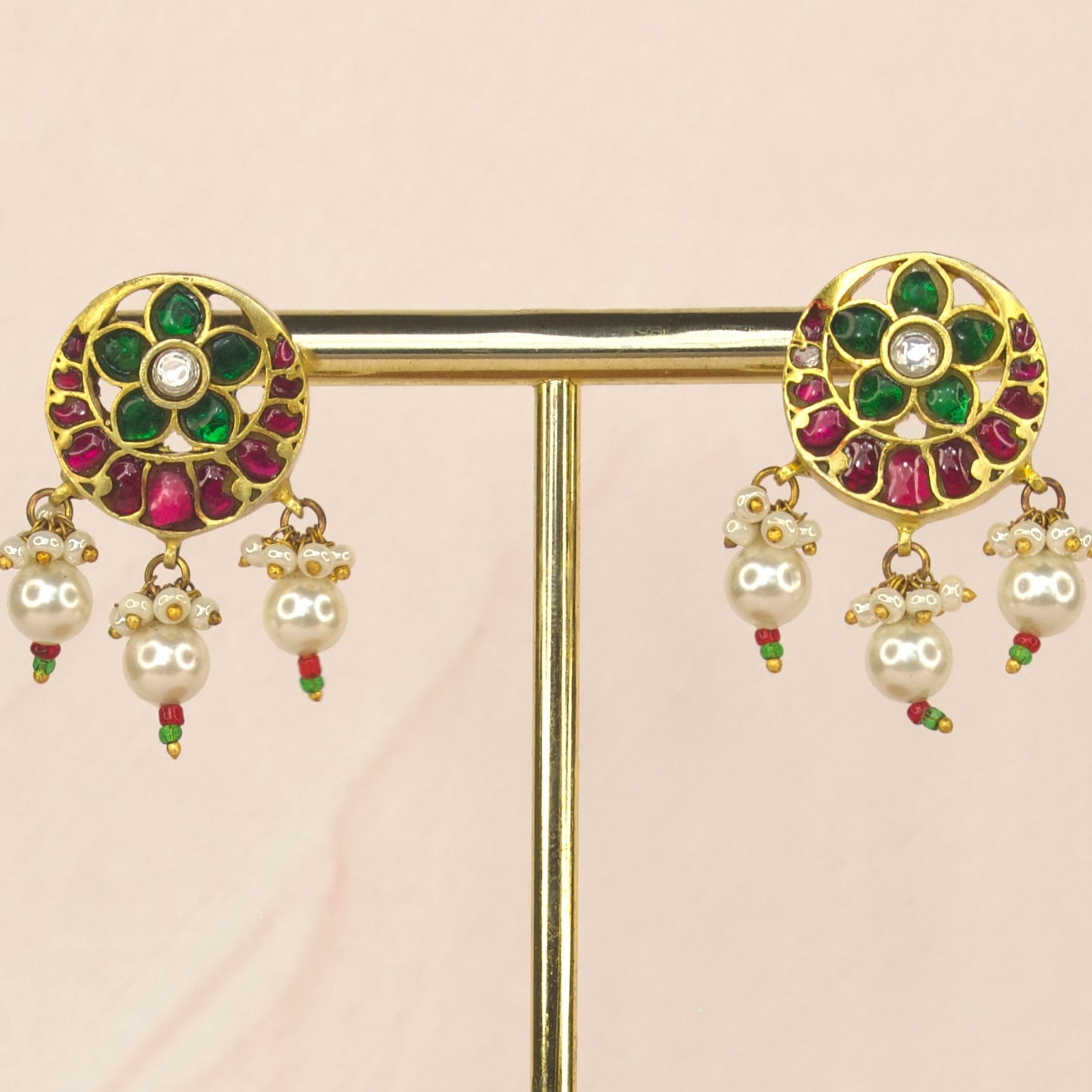 Intricate Flower Stud Earrings in Jadau Kundan with Pearls - DULHAN JEWELS
