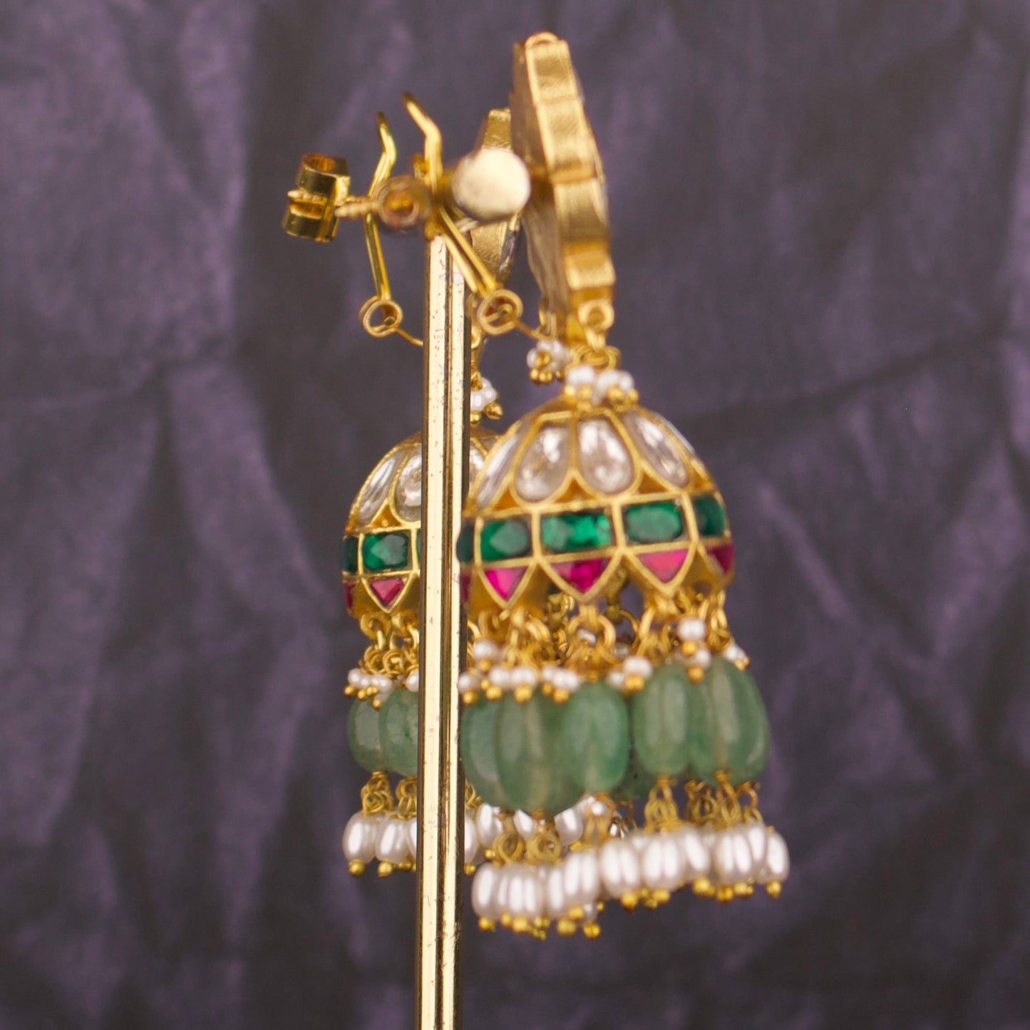 Floral Studded Multi Color Stone Jadau Kundan Jhumki Earrings